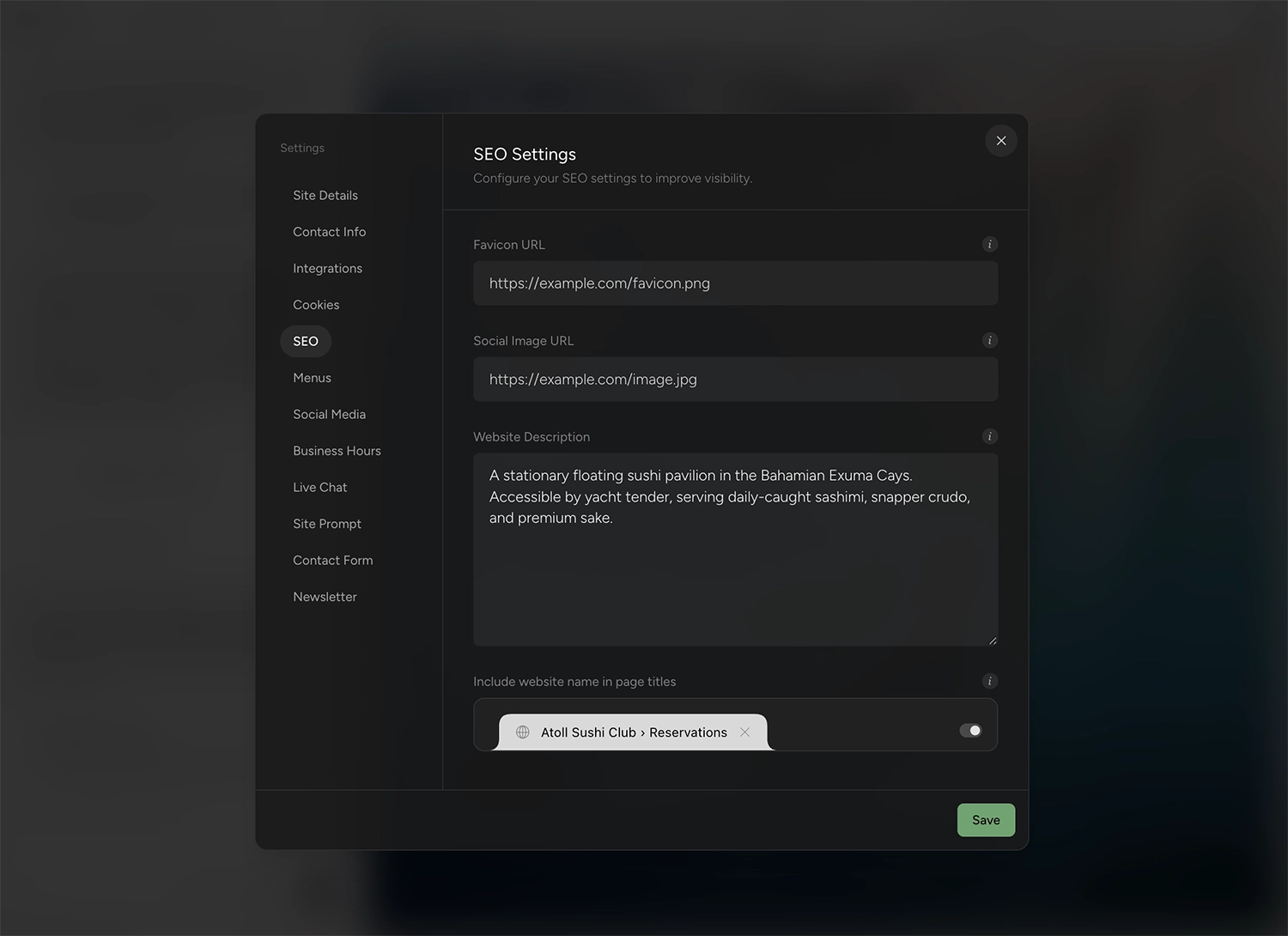 Outlyne’s SEO settings panel with fields for the meta description, social image, and page titles