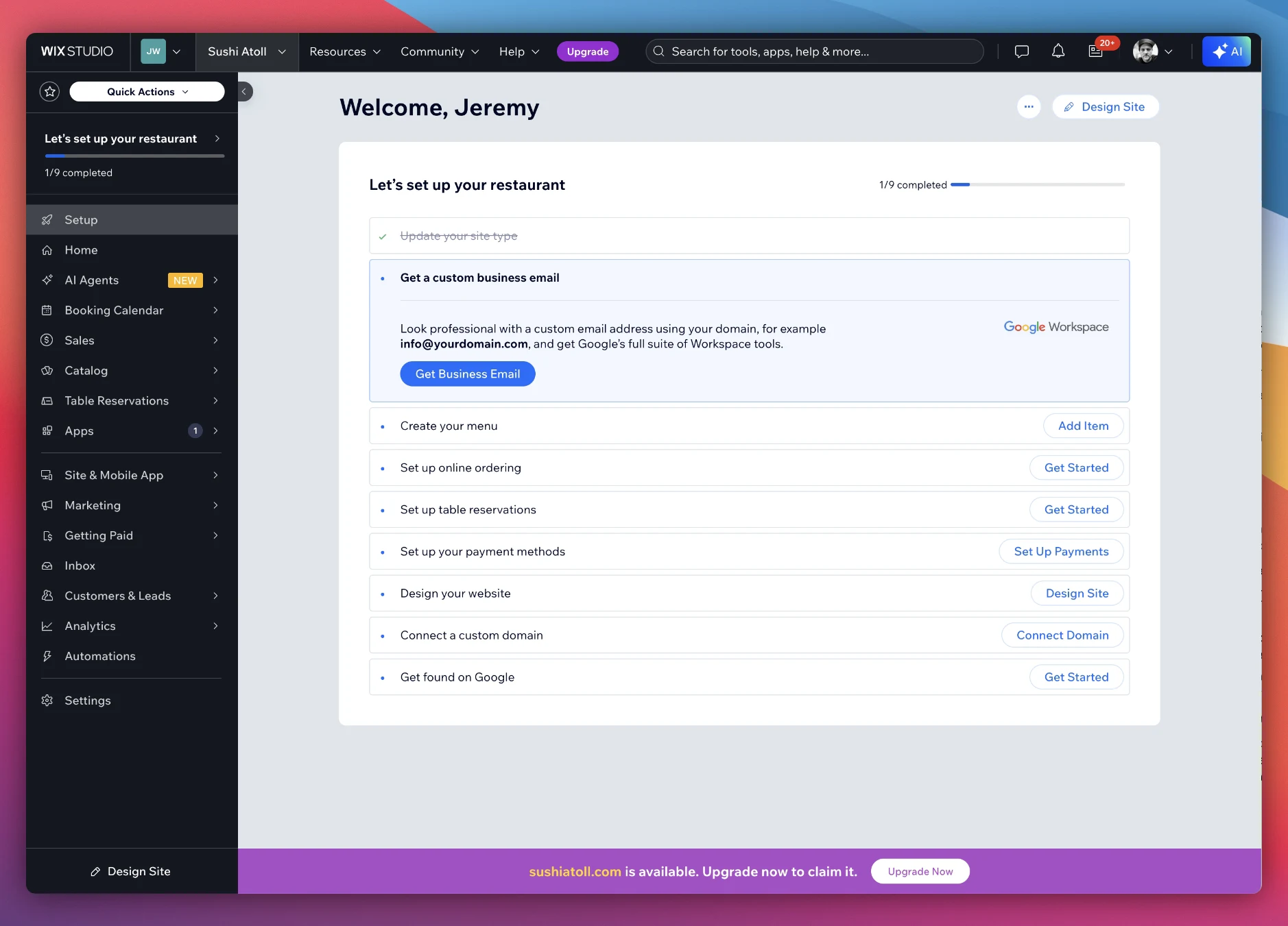 The Wix setup dashboard after AI onboarding, showing a long checklist of tasks before the site is ready