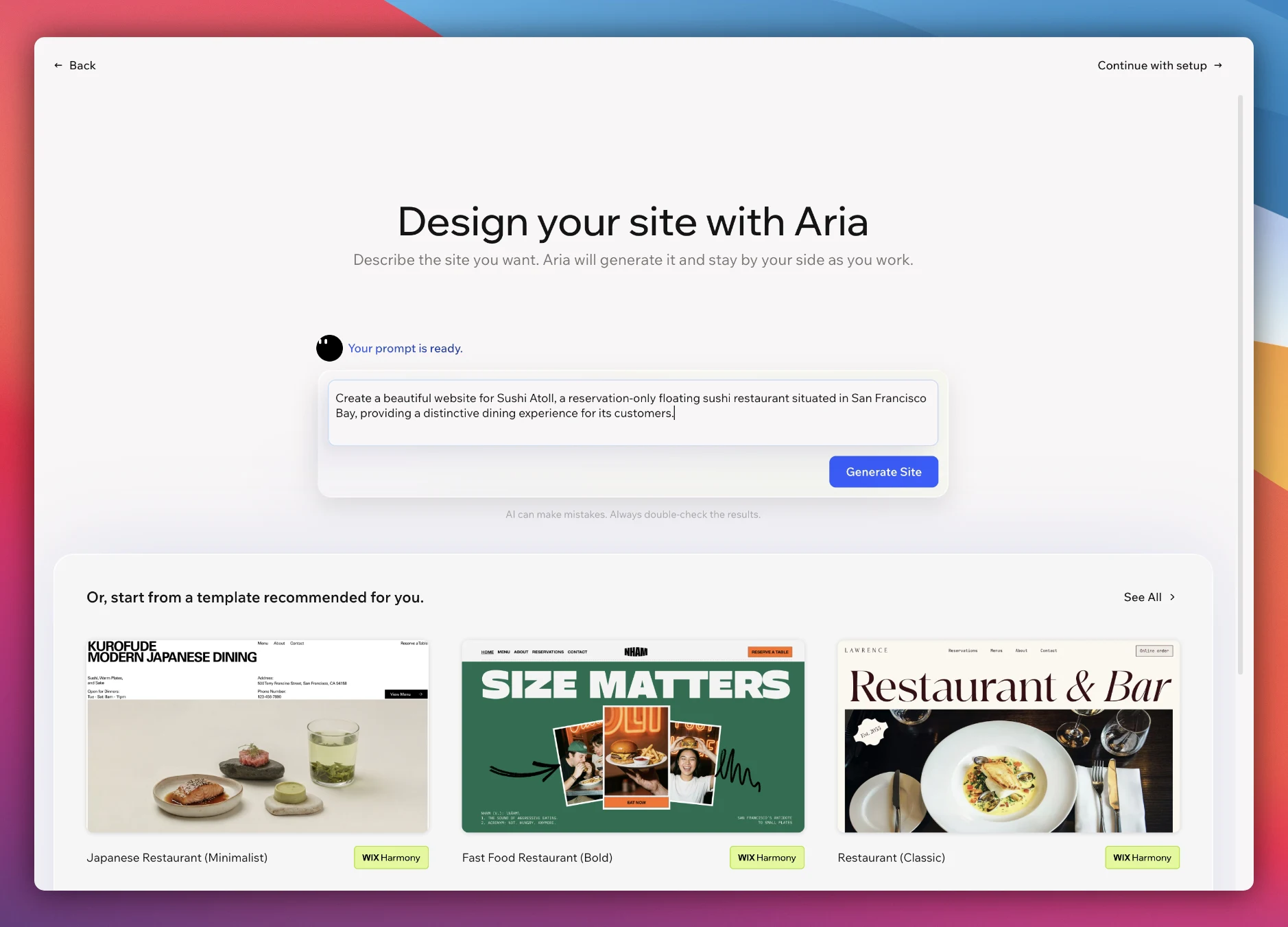 Wix’s “Design your site with Aria” screen, a second and differently styled AI chat that appears after the setup steps