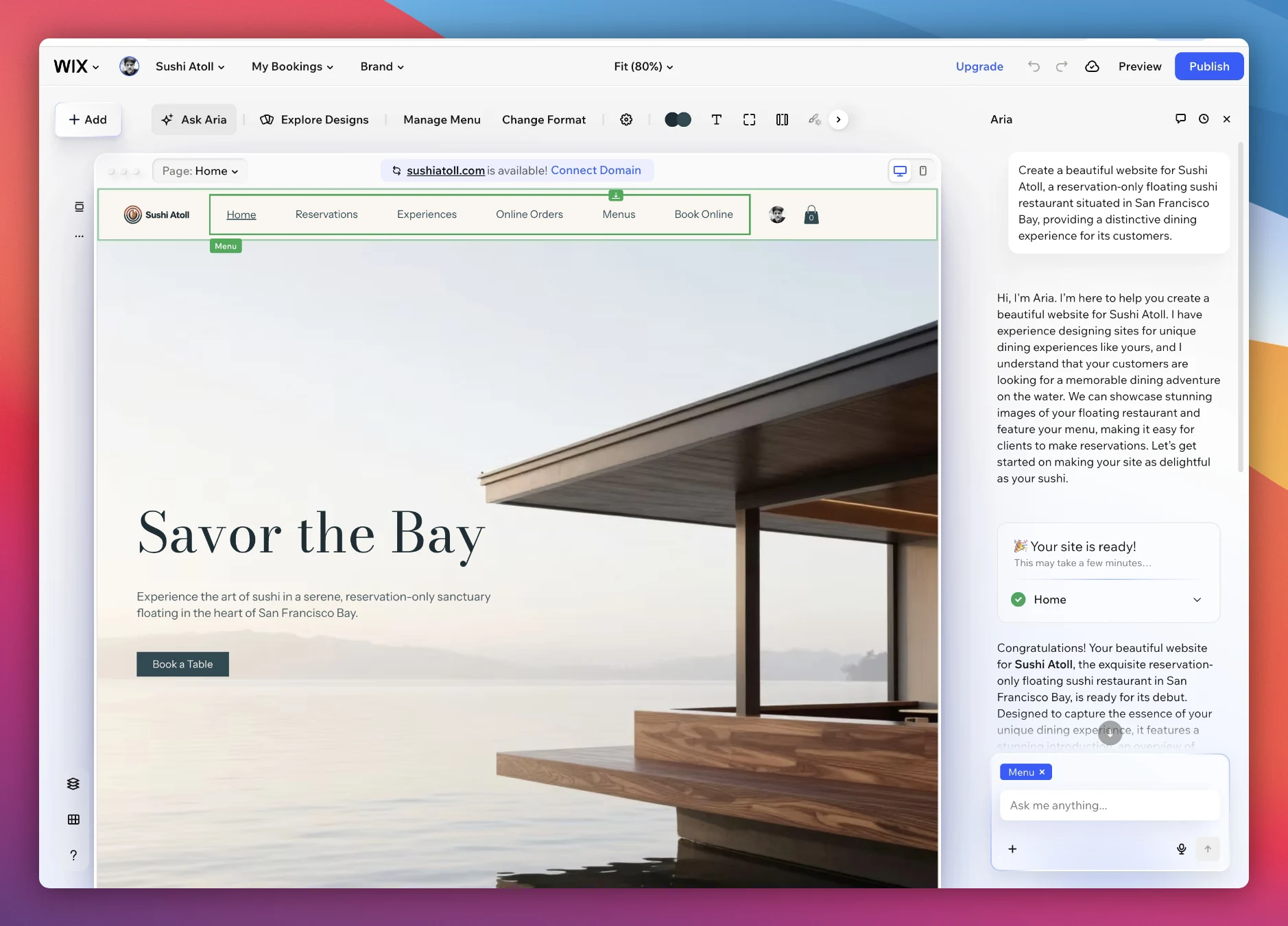 The finished Aria-generated site open in the Wix editor, ready to edit in context
