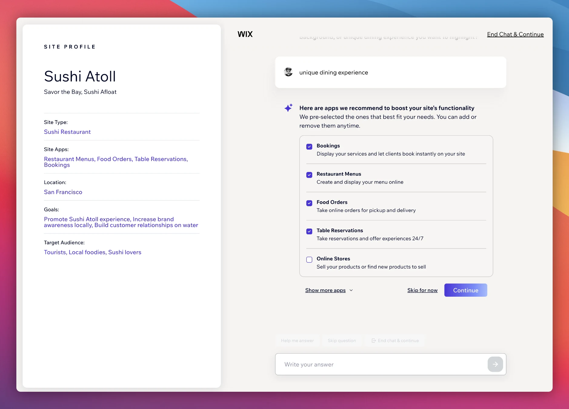 Wix’s Aria onboarding assistant drafting a demo restaurant site from a chat prompt