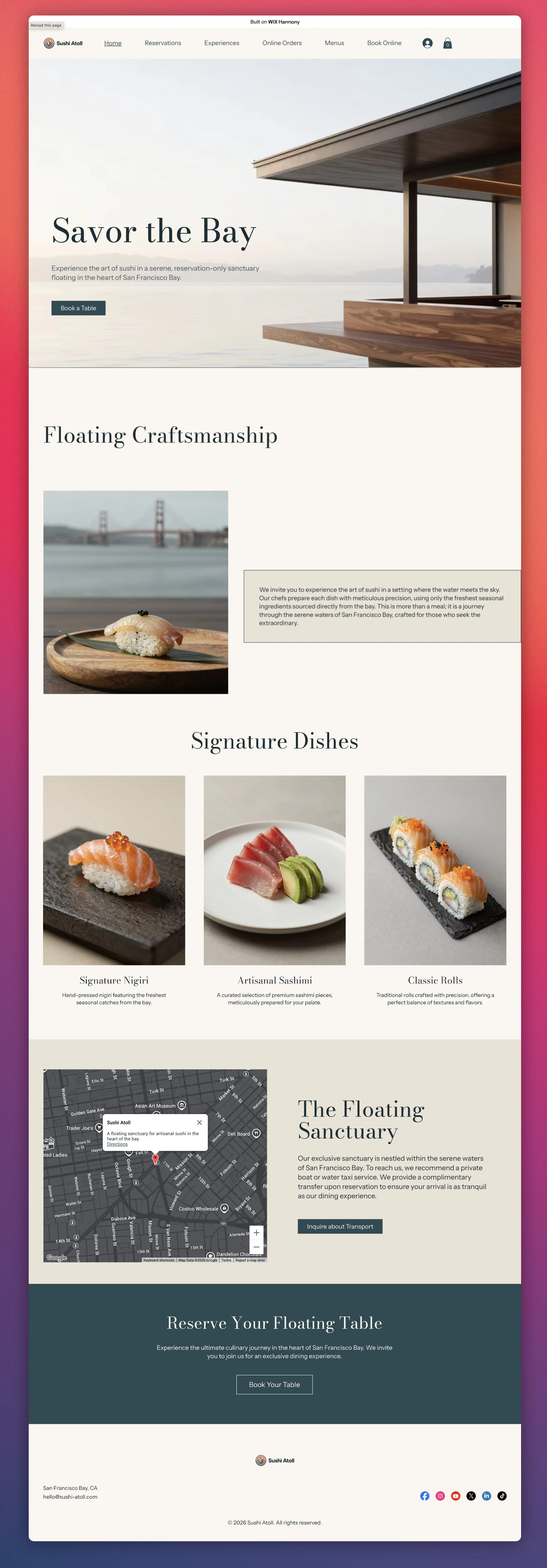 The full Sushi Atoll restaurant site as it renders live on Wix