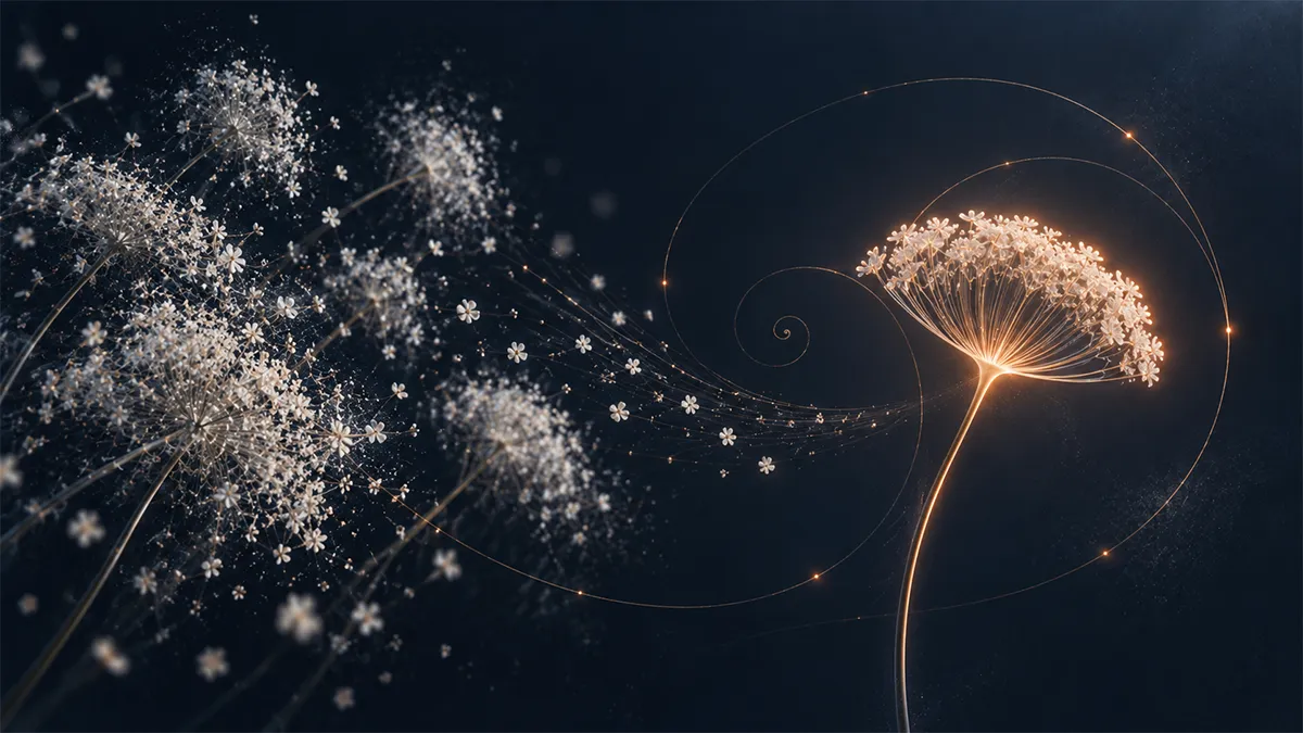 Wild-carrot umbels on a dark ground, one lit gold along a spiral of light