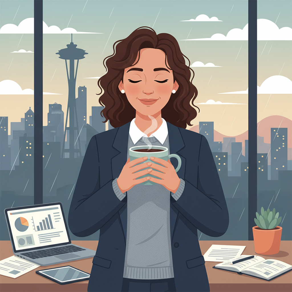 Sarah smiling with a cup of coffee